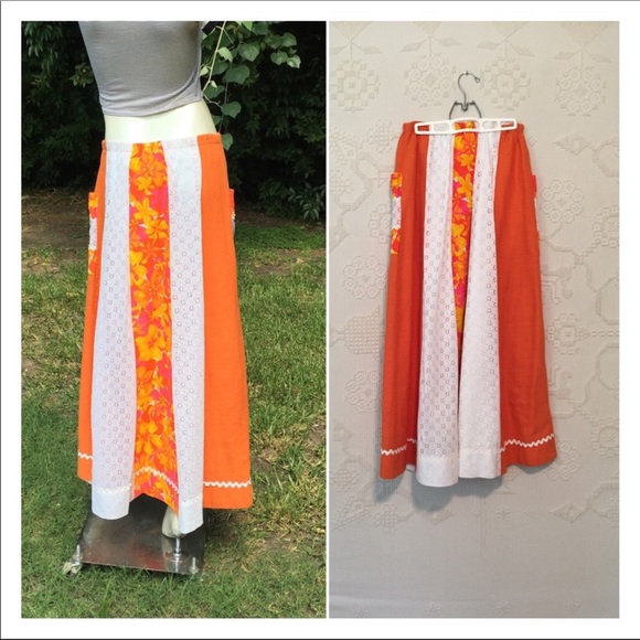 Vintage BoHo Hippie Orange White Patchwork Maxi - Picture 2 of 8